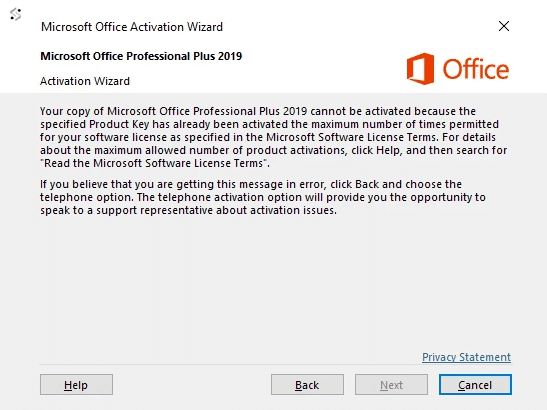 Microsoft Office Activation Wizard showing the maximum activation attempts reached message