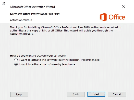 Microsoft Office Activation Wizard showing telephone activation option selection