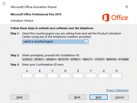 Microsoft Office Activation Wizard showing Installation ID and Confirmation ID entry fields